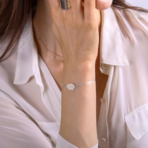 Humble Chic NY Simulated Druzy Chain Bracelet for Women - Boho Stackable Adjustable Bolo Slider Bracelet - color: Silver - White Created Opal