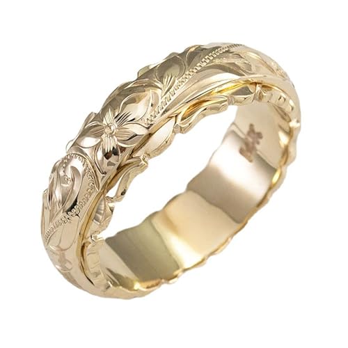 Dainty Engraved Plumeria Flower Ring, 14K Gold Plated Hawaiian Princess Plumeria Flower Scroll Promise Ring Stackable Wedding Engagement Band Jewelry for Women or Men - color: Gold