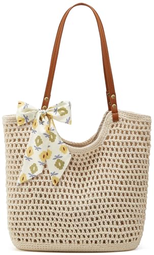 Crochet Beach Bags for Women Woven Purses Shoulder Bag Tote Handbag Summer Beach Purse - color: Wy10-white