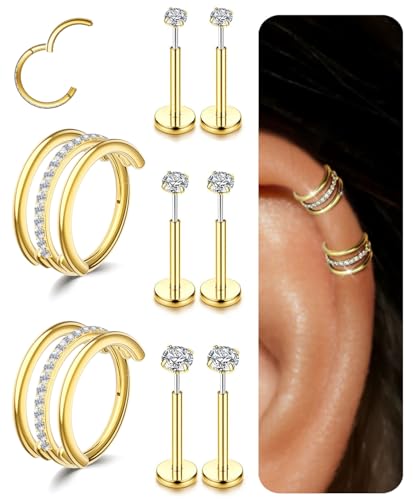 Small Cartilage Double/Triple-Hoop Helix Conch Piercing Earrings With Cubic Zirconia For Women Trendy 14K Gold Plated Titanium Surgical Stainless Steel Sets Nose Rings Hoops Septum Rings - color: 14K Gold, style: F-4Pairs-16Gauge-Triple CZ hoop
