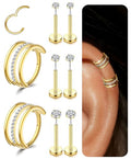 Small Cartilage Double/Triple-Hoop Helix Conch Piercing Earrings With Cubic Zirconia For Women Trendy 14K Gold Plated Titanium Surgical Stainless Steel Sets Nose Rings Hoops Septum Rings - color: 14K Gold, style: F-4Pairs-16Gauge-Triple CZ hoop