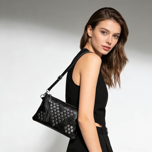 Studded Small Crossbody Bag for Women Fringe Gothic Purse Black Wristlet Clutch