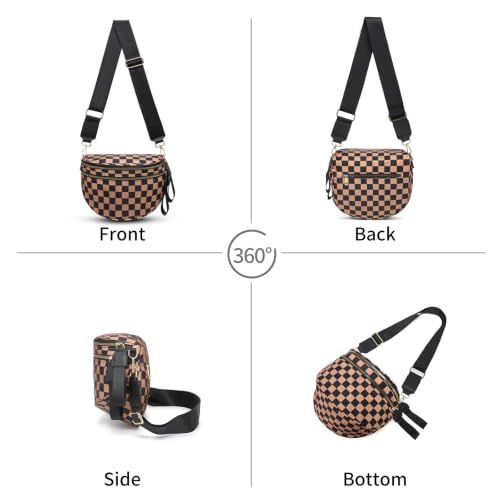 Checkered Crossbody Bag for Women Bum Bag Spacious Nylon Fanny Packs Cross Body Shoulder Purses Bag Handbags - color: Khaki Checkered