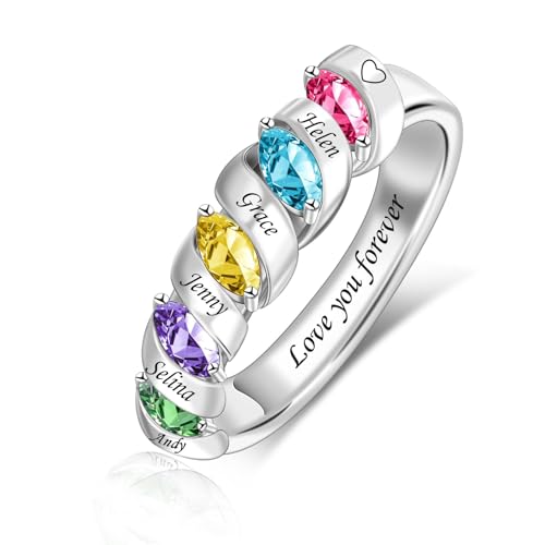 MissNaNa Mothers Ring With 1/2/3/4/5/6 Birthstones Personalized Engraved Name Rings for Women Stacking Birthstone Ring for Mom Grandma Daughter Wife Birthday Christmas Gift - color: 5 Stones