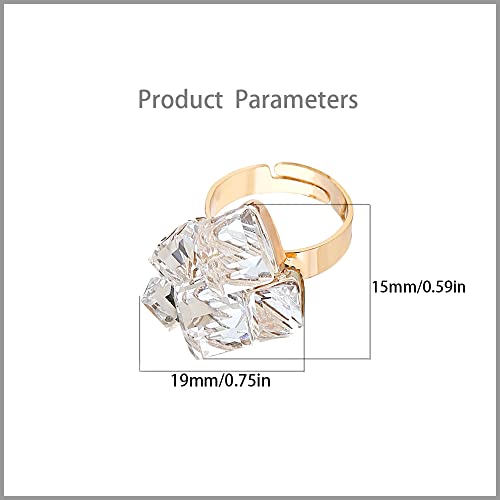 Hebelee Boho Square Crystal Statement Ring for Women Gold-Toned Adjustable Expandable Promise Engagement Geometric Rings Comfort Fit Elegant Art Deco Birthday Christmas Cocktail Party Y2K Jewelry - color: White