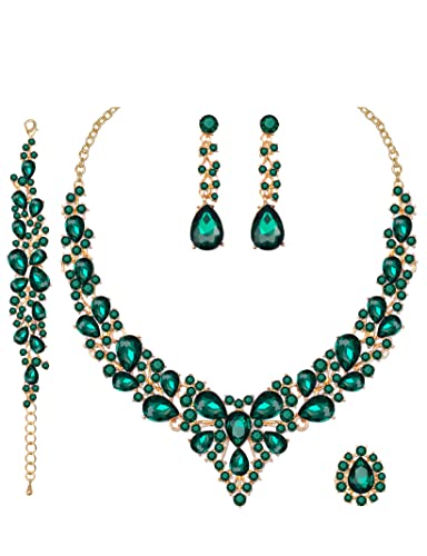 CSY 4 Pcs/Set Austrian Crystal Necklace Earrings Bracelet Ring Bridal Jewelry Sets for Brides Wedding Party Costume Accessories Gifts for Women - color: 02-gold plated-green