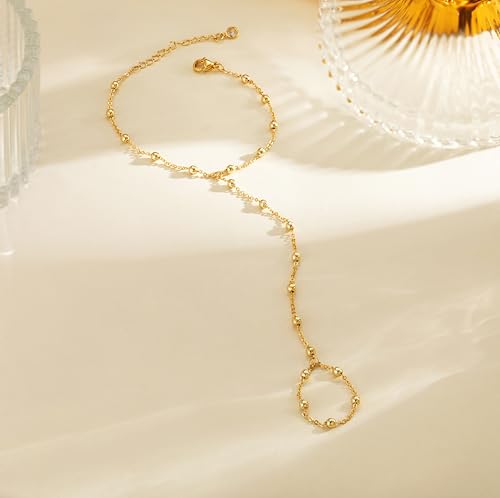 Hand Chain Bracelet for Women Trendy, Dainty Silver Beaded Finger Ring Bracelet Non Tarnish Minimalist Adjustable Simple Cute Silver Bracelets Waterproof Fashion Jewelry - color: Gold-02