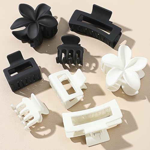 8 Pcs Matte Hair Clips for Women, Strong Hold Non-Slip Claw Clips for Girls, Flower Hair Clips for Thin Hair, Rectangle Claw Clips for Thick Hair,Neutral Colors Hair Accessories（White & Black） - color: Basic