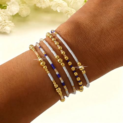 14K Gold Beaded Ball Stackable Bracelets for Women,Bohemian Stretch Colorful Seed Beads Bracelet Stack Fashion Holiday Jewelry Gift Friendship - color: Blue