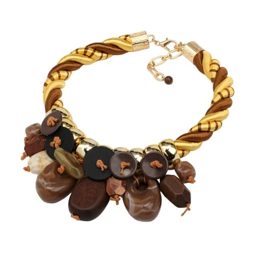 Chunky Statement Wood Pendant Necklace for Women Rope Braided Colorful Resin Stone Tribal Ethnic Bold Boho Fashion Jewelry - color: N1539-brown