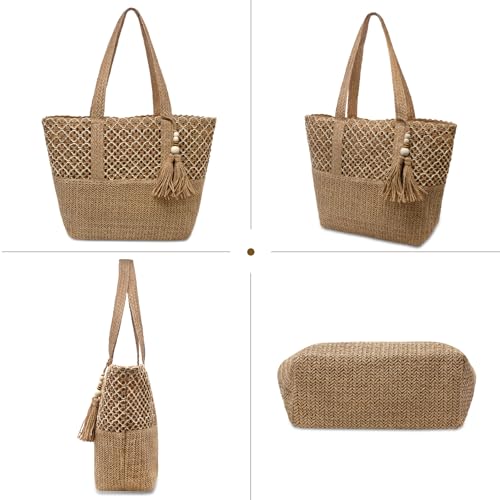 YAMEIZE Straw Woven Beach Shoulder Bags for Women Big Foldable Straw Tote bag Lightweight Raffia Bag with Zipper Summer - color: Khaki