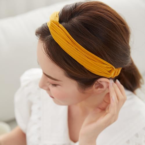 AQOKKA Elastic Knotted Headbands for Women Cloth Head Hair Bands for Women's Hair Non Slip Boho Wrap Twisted Hair Accessories - color: 4 Pack Cross Ribbing : Burgundy, Black, Yellow, Light Grey