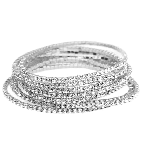14K Gold Plated Dainty 10Pcs Colorful Cubic Zircon Crystal Beaded Adjustable Stackable Stretch Sparkling Tennis Chain Bracelet Set Birthday Wedding Jewelry for Women - color: silver