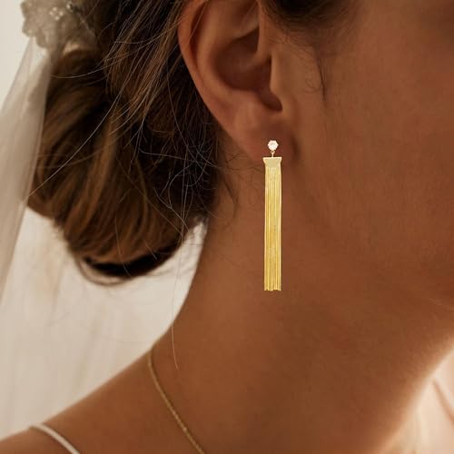 Gold Earrings for Women Trendy, Simple Dainty 14K Gold Plated Paperclip Square Chain Link Dangle Hoops Earrings Pin Stud Huggie Earrings Lightweight Hypoallergenic Minimalist Aesthetic Gold Jewelry for Christmas Gifts - color: tassel earrings-D