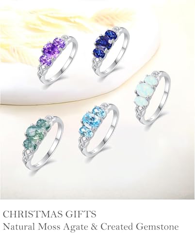 Celtic Birthstone Rings for Women 925 Sterling Silver Celtic Knot Ring 3-Stone Promise Rings for Her Wife Birthday Anniversary Wedding Jewelry - color: 14-Natural Moss Agate