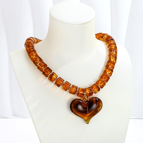 WOWORAMA Chunky Heart Necklaces for Women Colorful Resin Beaded Choker Necklace Gold Puffy Heart Statement Necklace Trendy Acrylic Choker Jewelry - color: Brown