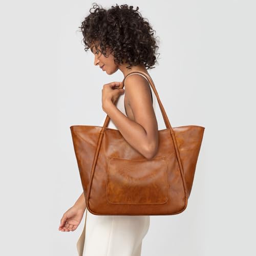 KKXIU Large Tote Bag for Women with Zipper Work Leather Travel Purse and Handbags - color: Brown