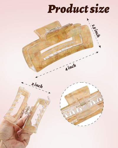 4Pcs Large Acrylic Hair Claw Clips, Nonslip Cute Hair Clips for Thick Hair and Long Hair, Rectangle Marble Claw Clips Hair Accessories for Women and Girls - color: Pink + Gray + Yellow + Cyan