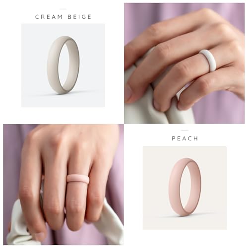 ThunderFit Silicone Bridal Rings Set for Women, 5.5mm Wide, 2mm Thick, Wedding Rubber Bands, Variety Multipack 1-12 - color: Pack E: Charcoal Black, Warm Peach, Cream Beige, Cocoa Brown, Sand Brown, Pure White, size: 4.5 - 5 (15.70mm)