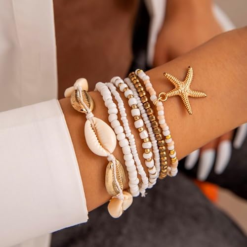 Beach Bracelets for Women Bohemian Stackable Heishi Surfer Bracelet Set Elastic Seashell Starfish Boho Friendship Bracelets for Summer Beach Party Holiday Vacation Jewelry - color: Starfish-7CPS