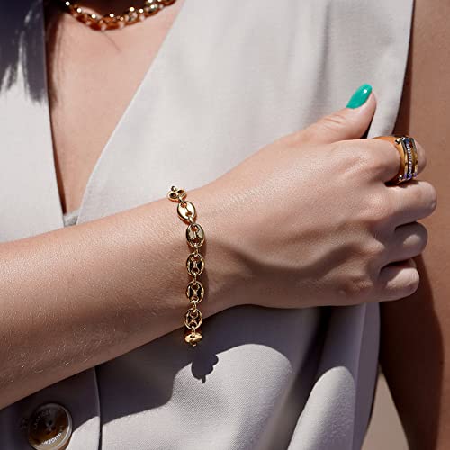 CIUNOFOR 14K Gold Filled Coffee Bean Bracelets for Women, Link Chain Classic Charm Puff Mariner Bracelet, Coffee Bean Jewelry for Adults, Comfort fit for 6.5”–7.5” wrists, Gift for Her