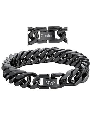 ChainsHouse Stainless Steel Cuban Link Bracelet, 8mm/12mm/17mm Width, 7.5"/8.3"/9", 18K Gold Plated Chain Wrist Bracelets for Men Women, Send Gift Box - color: T: Black-12mm width-custom