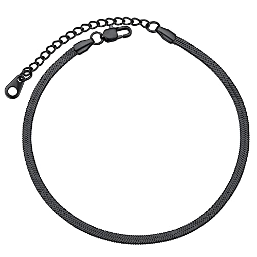 ChainsHouse Ankle Bracelets for Women, Stainless Steel Chain Anklets Waterproof, Women Summer Beach Jewelry Gift, Come with Box - color: 09. 3mm-Herringbone-Black