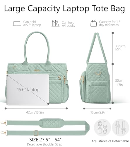 Bagstellar Teacher Bags for Women, 15.6 inch Laptop Work Tote Bag Quilted Nurse Bible Computer Shoulder Bag for School Travel | Dream Tote Work Bag - color: Sage Green