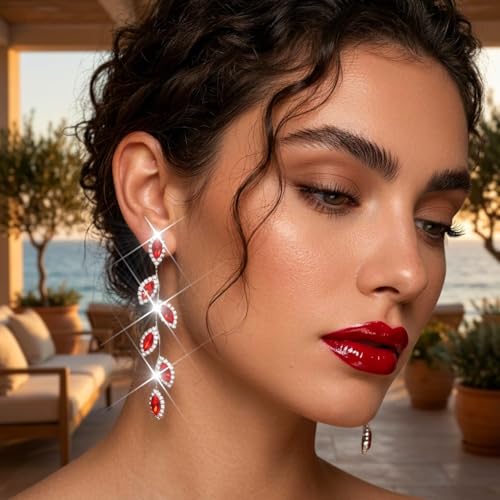 Catery Crystal Wedding Earrings Rhinestones Dangling Earrings Leaf Bridal Ear Jewelry for Brides and Women - color: Red