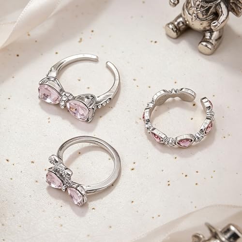 Bow Ring Set for Women Silver Stacking Adjustable Pink Heart Bow Rings Stacking Boho Statement Wedding Engagement Ring Anniversary Birthday Gifts - color: A