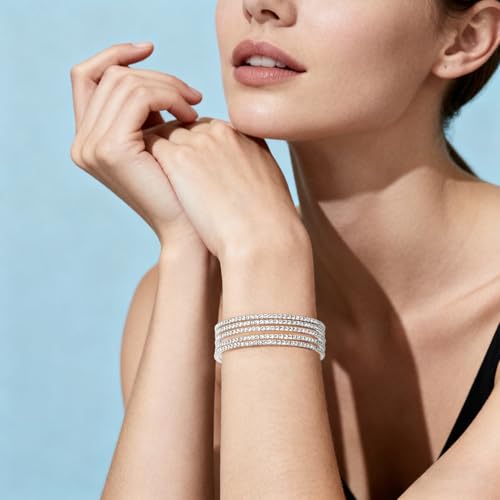 Women's Multi-Layer Rhinestone Cuff Bracelet Sparkling Crystal Tennis Bangle for Bridal Wedding Party - color: 1182 Silver