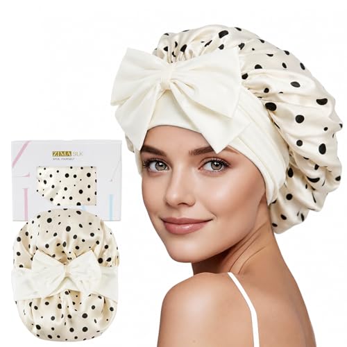 ZIMASILK 100% Mulberry Silk Bonnet for Sleeping Women Long Hair Double Layer Silk Hair Wrap with Tie Band Stay On Head (1Pc, Polka Dot) - color: Polka Dot