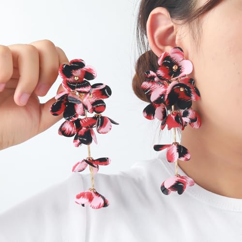 Boho Leopard Print Floral Earring Long Multi Layered Tassel Flower Earrings Fabric Flower Statement Earring Fashion Jewelry Accessories for Women - color: Pink