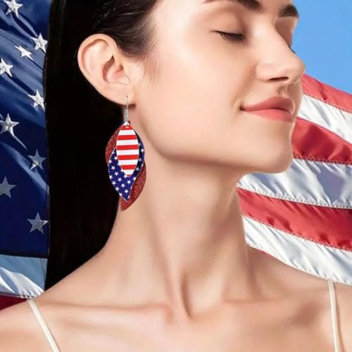 ANXIN boho unique Leather Earrings 2 Layered Lightweight Faux Leather Leaf Earrings Layered Design Drop Earrings Gift for Women - color: Red White Blue