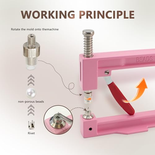 Pearl Setting Machine Hand Press Tools 2 Boxes White No Holes Pearl Beads with Rivet Studs Screw Heads L Hexagon Wrench for Decorating Clothes Hat Trousers Dresses Bag Hair Band DIY Crafts (Pink) - color: Pink