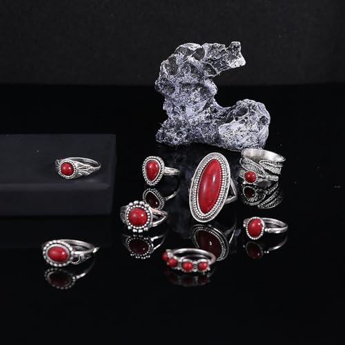 Bohemian Turquoise Ring for Women Stackable Vintage Chunky Boho Turquoise Ring Set Dainty Open Gemstone Knuckle Midi Finger Rings Western Statement Rings Jewelry - style: red eight
