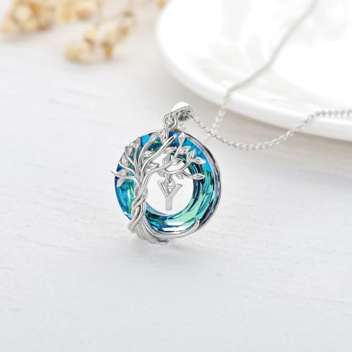 TOUPOP Gifts for Women Tree of Life Initial Necklace 925 Sterling Silver Letter Pendant with Blue Crystal Birthday Jewelry Gifts for Women Her Mom Wife Daughter - color: Tree of Life Y Initial