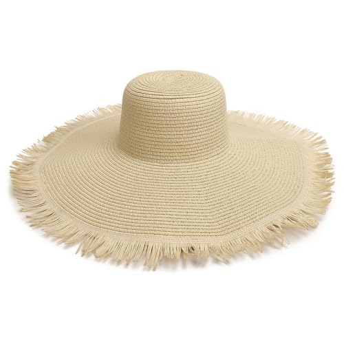 Wide Brim Fashion Boho Fringe Foldable Straw Hat Beach Hat UPF50+UV Protection Summer Hat Sun Hats for Women Travel - color: Black