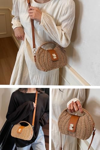 Handmade Straw Woven Bag Beach Clutch Purses Women Vacation Shell Shoulder Crossbody Summer Dumpling Handbag Basket Tote - color: B-khaki