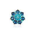 Flower Shape Crystal Cocktail Stretch Ring Party Prom Floral Statement Elastic Ring for Women - color: 2RI255-Aquamarine-gold tone