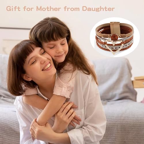 Long tiantian Leather Bracelets for Women Warp Bracelet Stackable Boho Layered Bracelet Chunky Heart Trendy Birthday Gifts for Her - color: B12:Bohemian Bracelet(Brown)