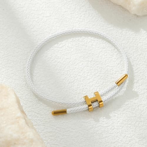 AIMADE Bracelets for Women Adjustable Charm Bracelet, 18k Gold-plated Buckle Design Titanium Steel Wire Rope Women's Gift Jewelry - color: White