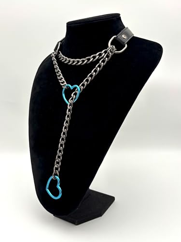 Black Leather Choker Collar For Women, Handmade Heart Slip Chain Choker Long Necklace with Adjustable Buckle - color: B-Black-Black-Blue, size: 18''chain