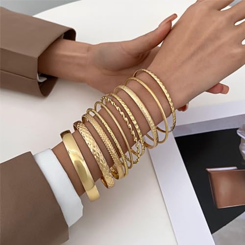 IFKM Gold Chain Bracelets Set for Women, 14K Gold Plated Multiple Layered Stackable Open Cuff Bangle Bracelet Anklet Bracelets Adjustable Link Tennis Beads Italian Cuban Jewelry for Women Gift - style: 10PCS Stack