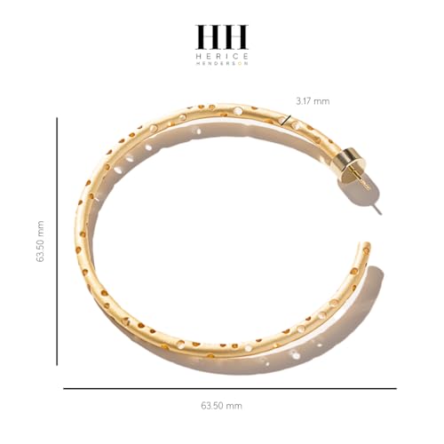 Hoop Earrings – 63.5mm Diameter, Gold Plated Brass with Matte Finish & Signature Hole Pattern, Lightweight Statement Hoops with Secure Friction Disc Backs - color: Gold, size: Large
