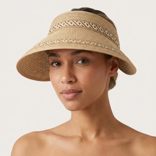 Magid Packable Wide Brim Straw Sun Visor Hat, Roll-Up Design with Contrast Stitch, Toast - Perfect for Sun Protection