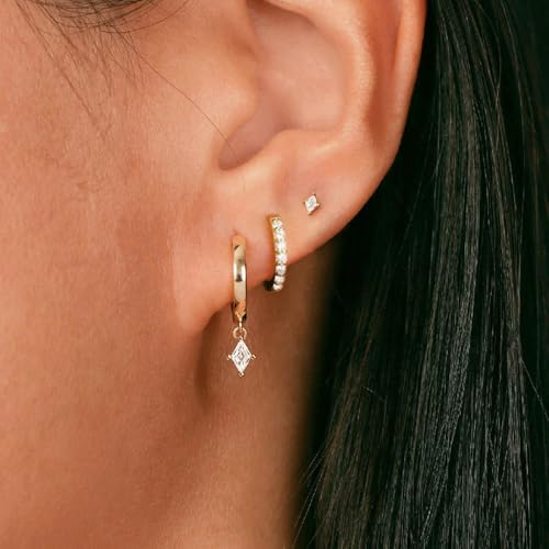 3 Pairs Small Earring Stacks, 14K Gold/Silver/Black/Rose Gold Plated Pearl Heart Butterfly Star Diamond Charm Drop Huggie Earrings Trendy Jewelry Gift for Women - color: Gold-Rhombus CZ
