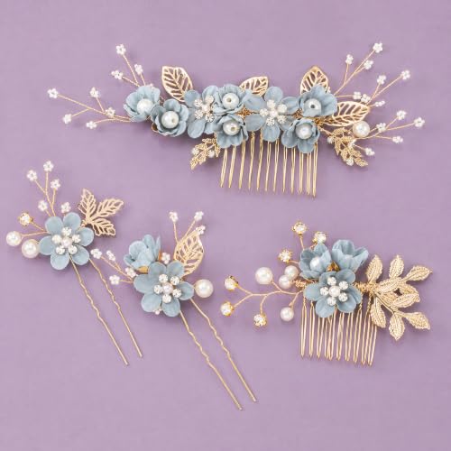 HINZIC 4pcs Camellia Flower Tassels Hairpin, Crystal Pearl Hair Comb, Blue | Non-Slip, 4 Styles, Alloy Made, Adorned with Rhinestones and Pearl, for Wedding, Brides, Parties, for Long Hair - color: Blue-4pcs