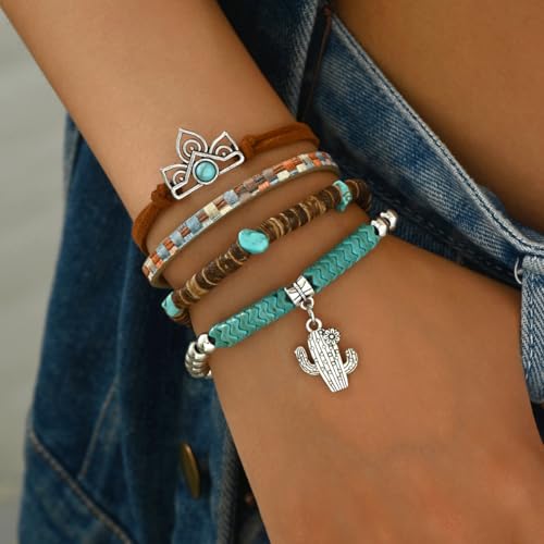 Western Turquoise Beaded Bracelet Stack - Vintage Cowgirl Stretch Set with Bull Skull, Feather & Boot Charms, Handmade Boho Jewelry for Rodeo, Country Concerts & Casual Western Outfits - style: 4