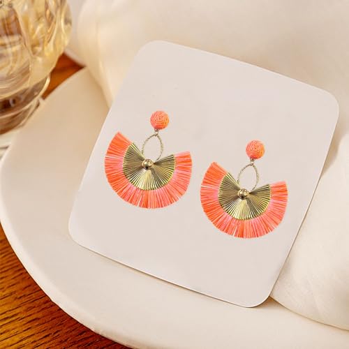 Anmpab Straw Fan Bohemian Tassel Earrings for Women Trendy Colorful Fringe Summer Beach Statement Earrings - color: Orange